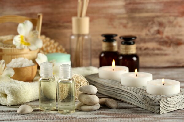 Beautiful photo with candles and oils