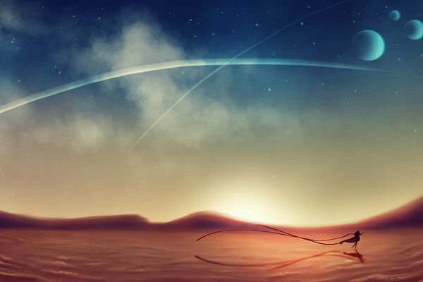 Art of a beautiful girl s dance on a desert planet