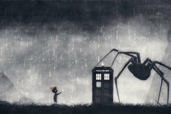 Art picture spider flies in the direction of the boy