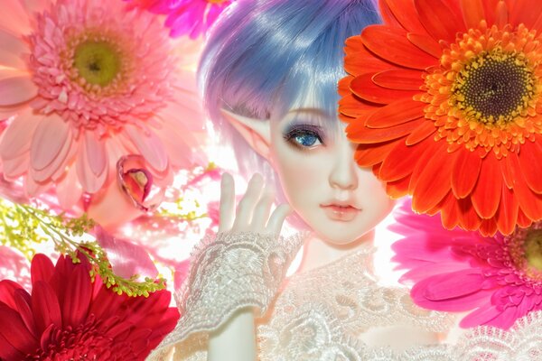 Elf doll with blue hair in flowers