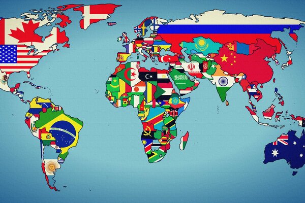 Geographical map of the world with flags of countries