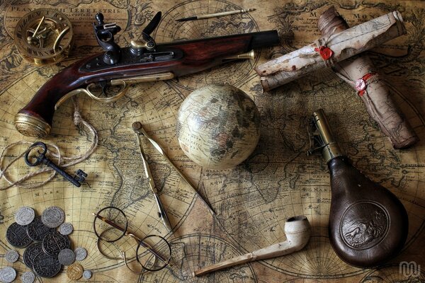 Ancient map, coins, compasses and more for an exciting adventure