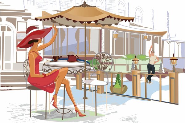 Das Mädchen am Tisch im Café grüßt einen Kerl