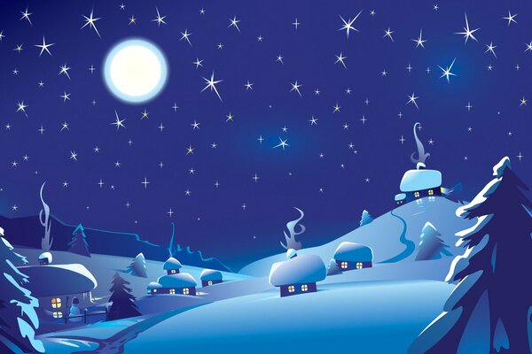 Paesaggio invernale cielo stellato e case nella neve