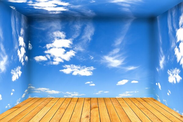 Chambre créative de papier peint en forme de nuage avec plancher en bois