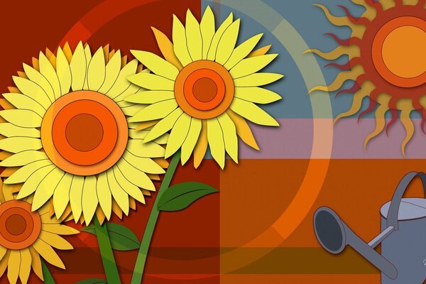 Vector drawing of sunflowers, sun and watering cans