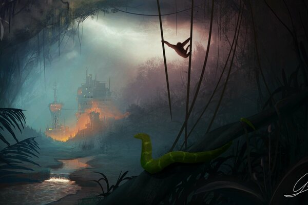 Dessin d art de la jungle avec serpent et singe sombre