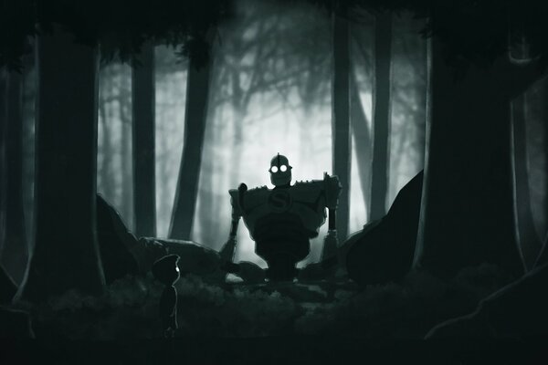 Futuristic image of a giant in the night forest