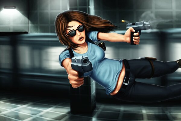 Chica guerrero salto y pistola de tiro