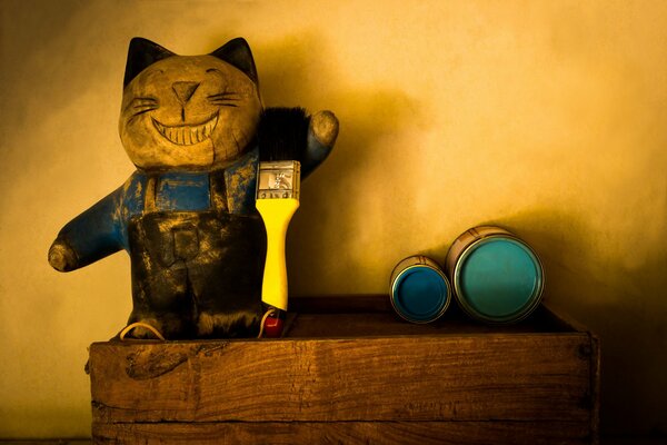 Positive Tapete Figur, Spielzeug. katze Maler mit Pinsel. und Farbdosen. unser Putzmaler