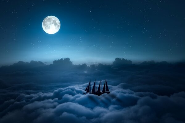 An aerial sailboat under a silent moon