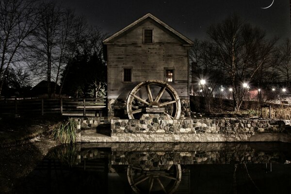 The old mill. night, lights, trees