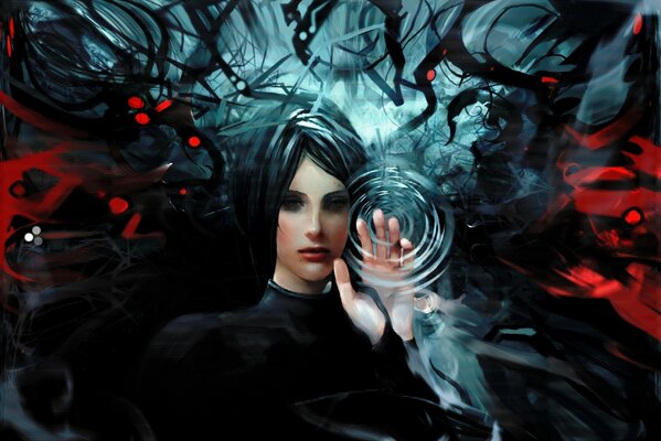 Art girl in the water shows her hand