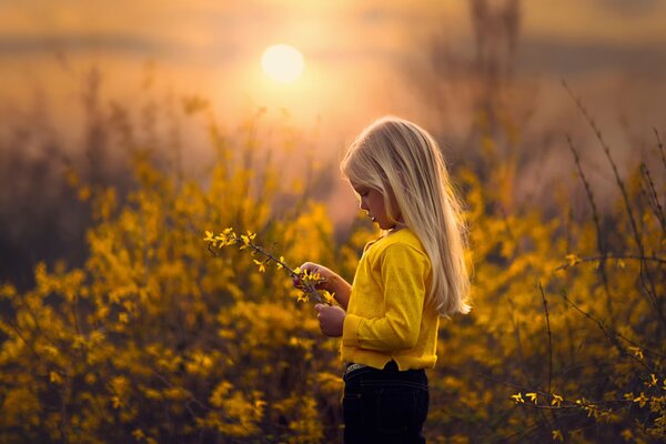 Petite fille sur fond de champ jaune
