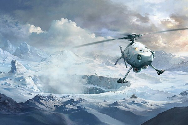 Art painting. winter. snow. helicopter in the mountains