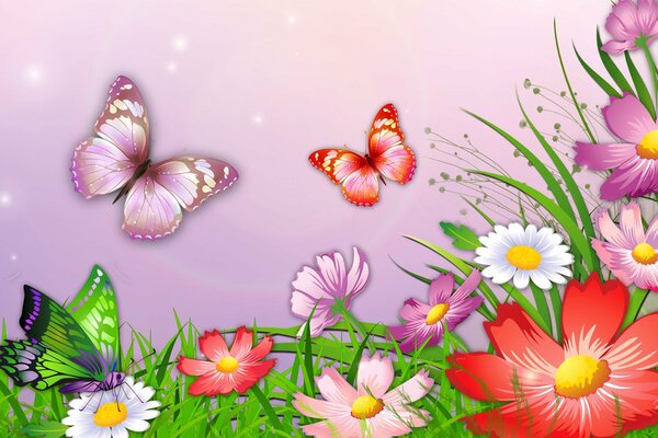 Muster: Blumen und Schmetterlinge auf rosa Hintergrund
