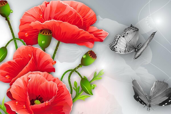Richunok-collage di fiori di papavero e farfalle
