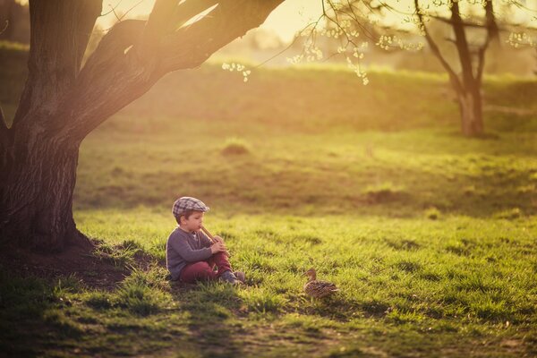 A boy in nature in the rays of the sun playing a pipe for a duck