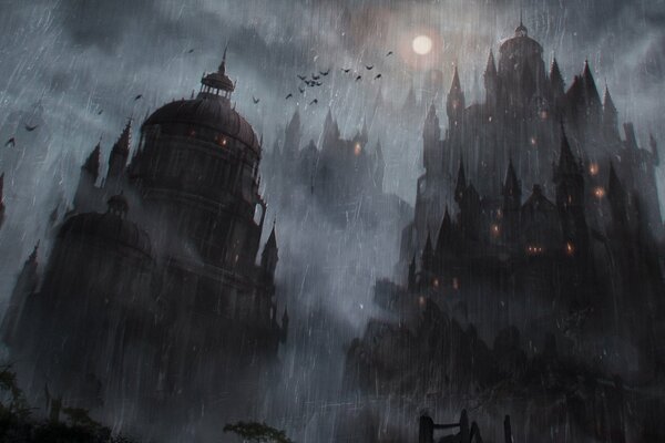 Artistic images of the castle on the background of the moon
