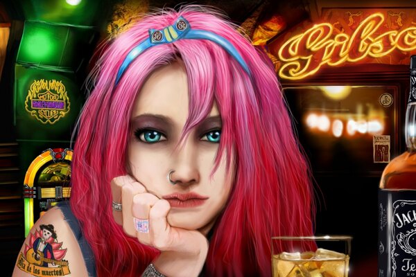 Art fille avec une bouteille de jack daniels dans un bar