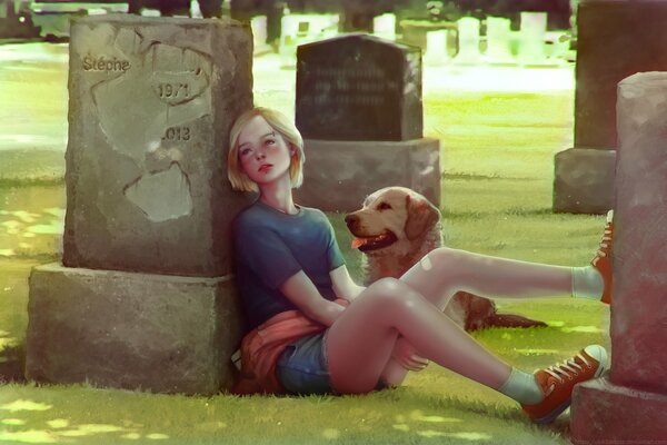 Disegno di una ragazza con un cane alla lapide