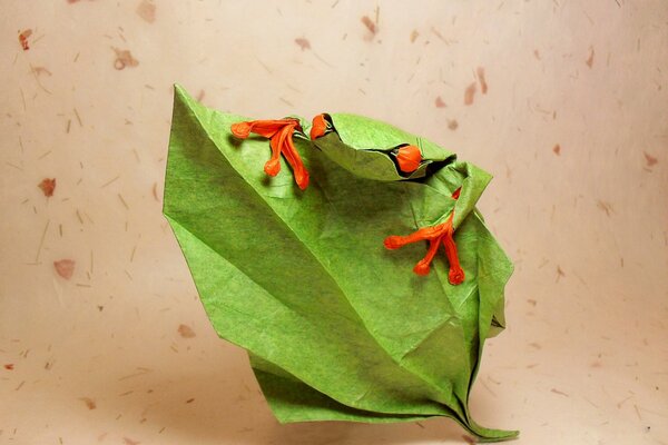 Origami. A frog with red eyes on a leaf