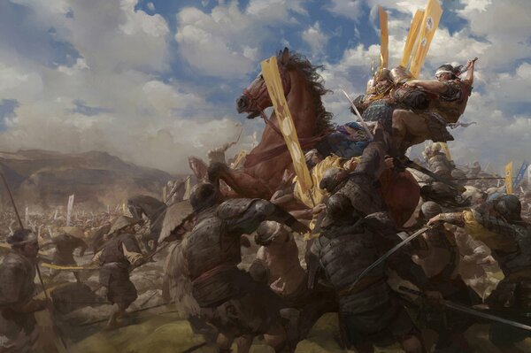 Battle scene - art with an armed samurai on horseback