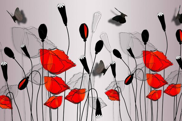 Zeichnen von Mohnblumen und Schmetterlingen