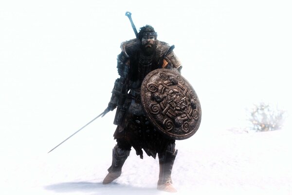 Guerrier avec bouclier et épée sur fond blanc