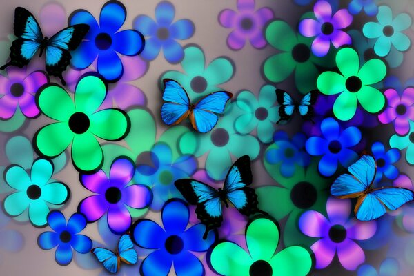 Butterflies mixed with multicolored flowers