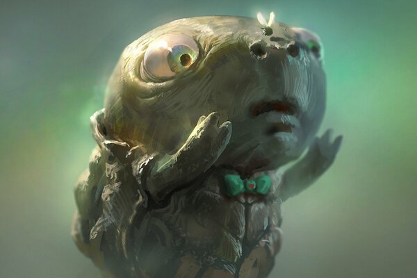 Tortuga con un arco y una abeja en el dibujo de la nariz