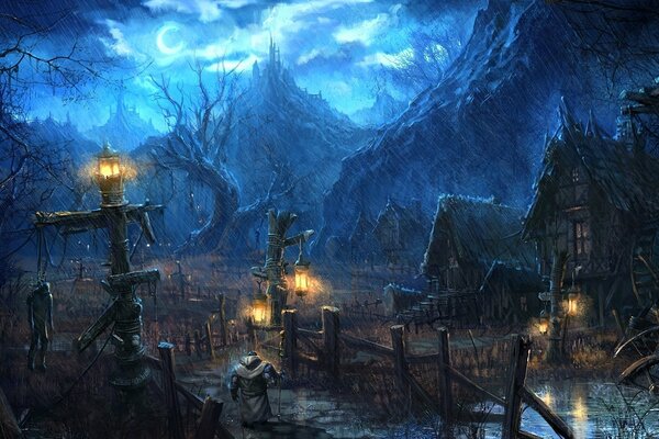 Art Picture stare domy nocą w górach