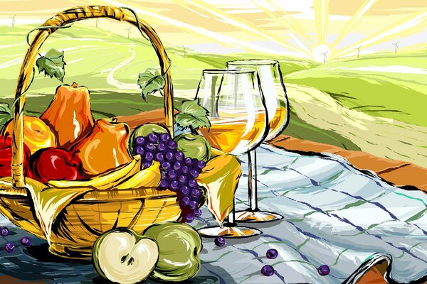 Gezeichnete Früchte in einem Korb und zwei Gläser Wein