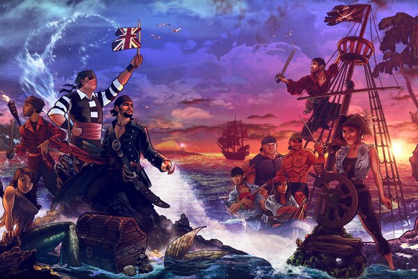 Zespół piratów z syreną w pobliżu skrzyni na morzu