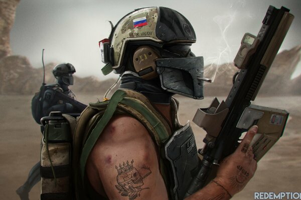 Drawing of equipped Russian soldiers