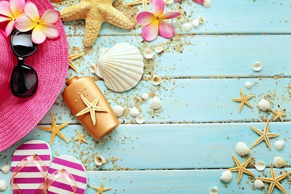 Still life of marine accessories on a turquoise background