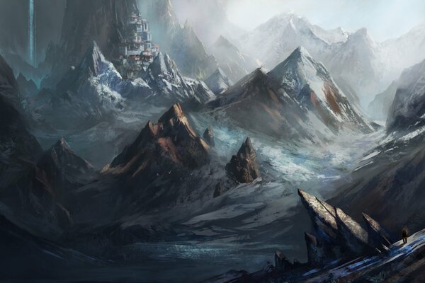 Dessin de montagnes escarpées avec château