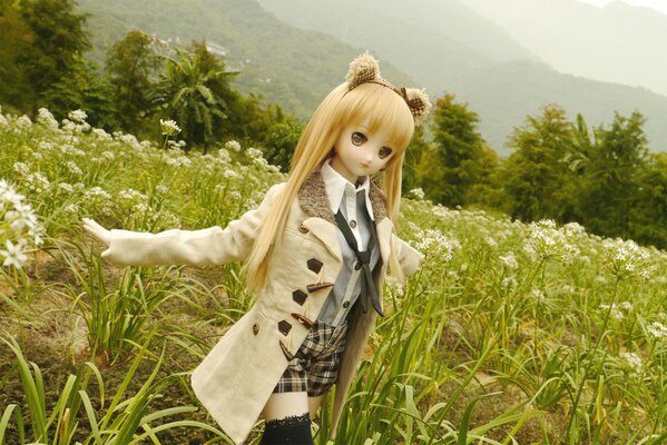 Toy doll on the background of nature in the field