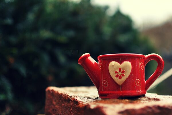 Imagen de una taza roja con una regadera sobre una piedra