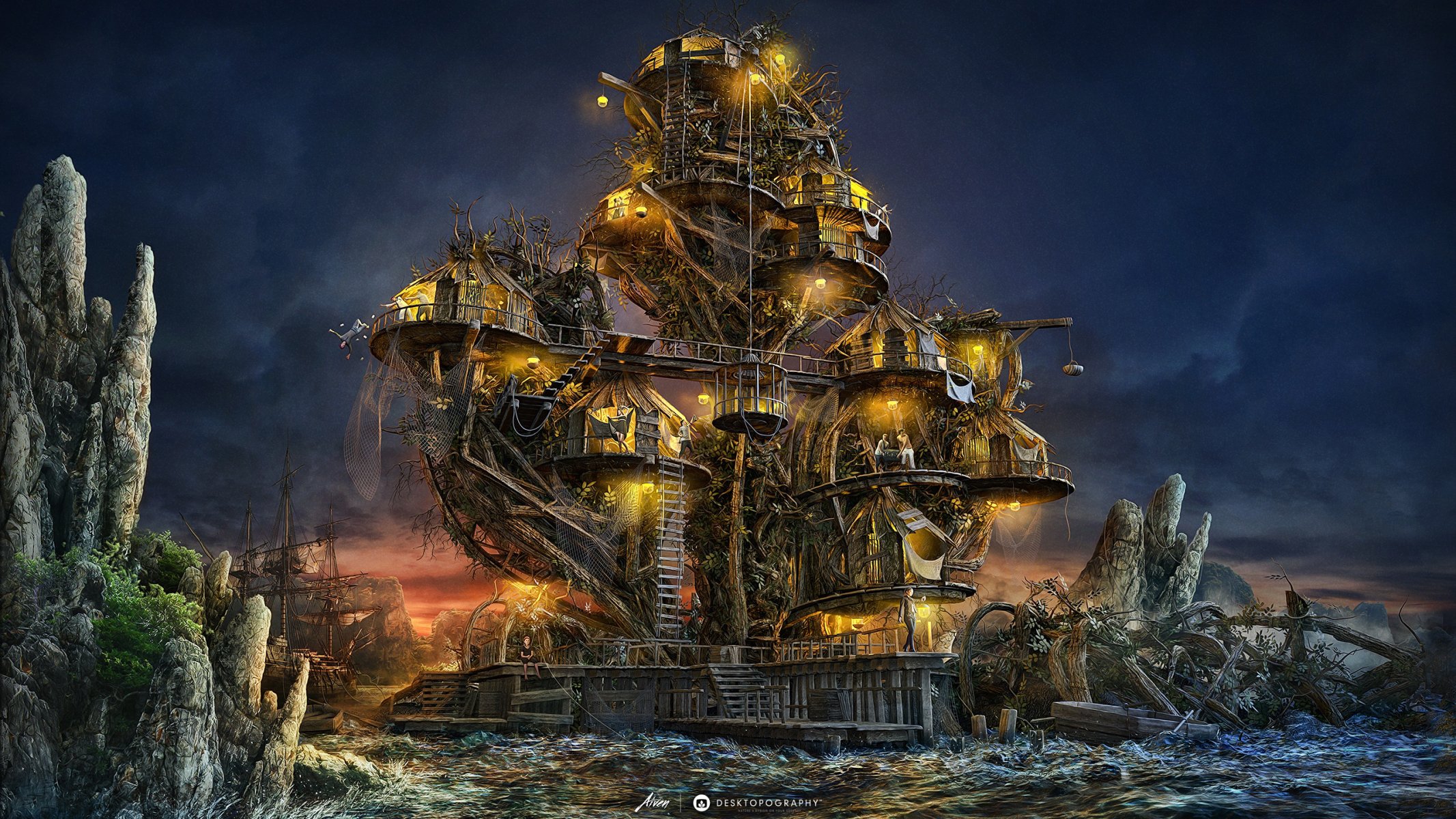 pirate island art island house night desktopography ship