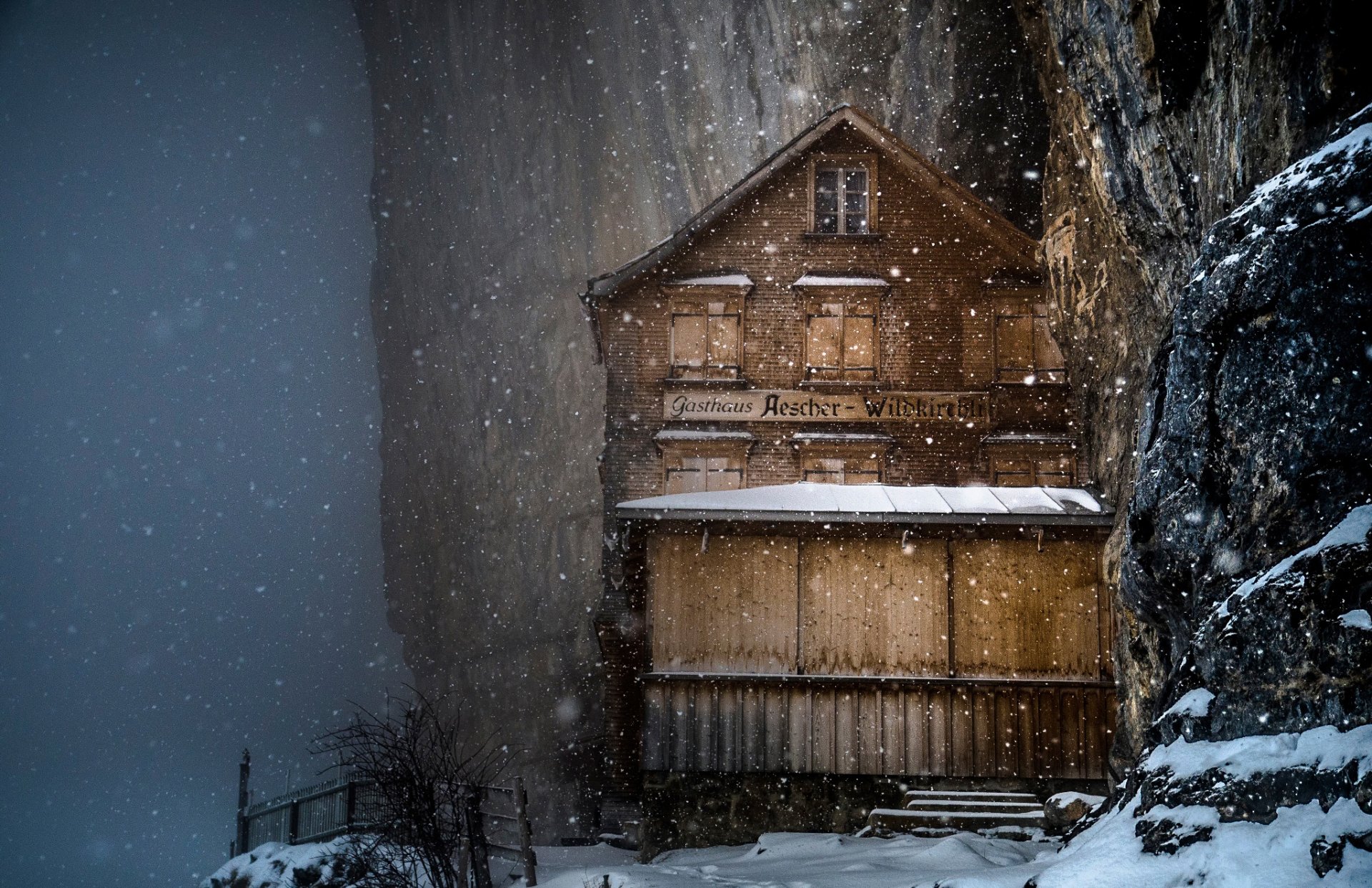 aescher restaurant hotel schnee winter schweiz