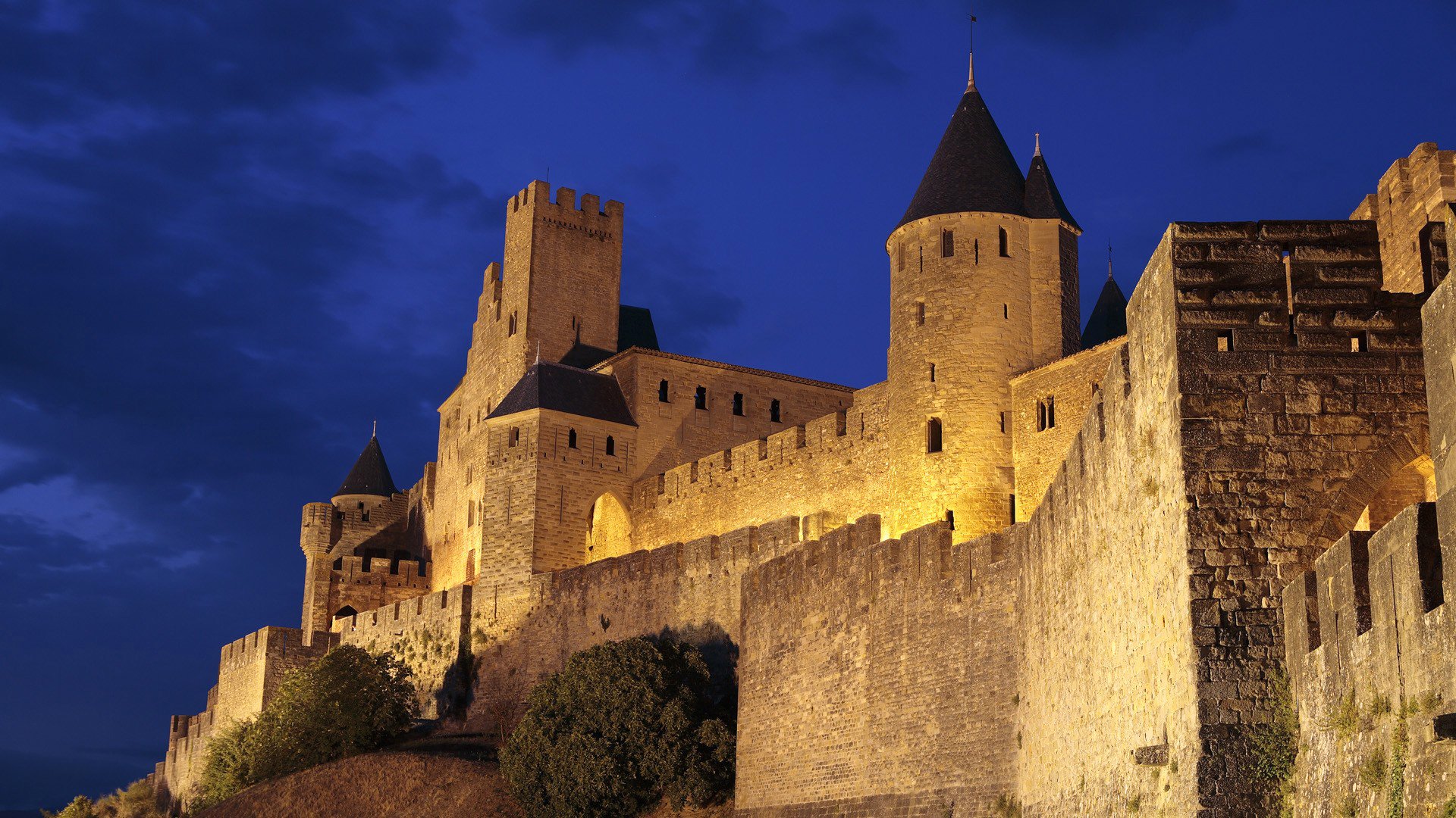 carcasona francia cielo noche colina castillo pared fortaleza torre