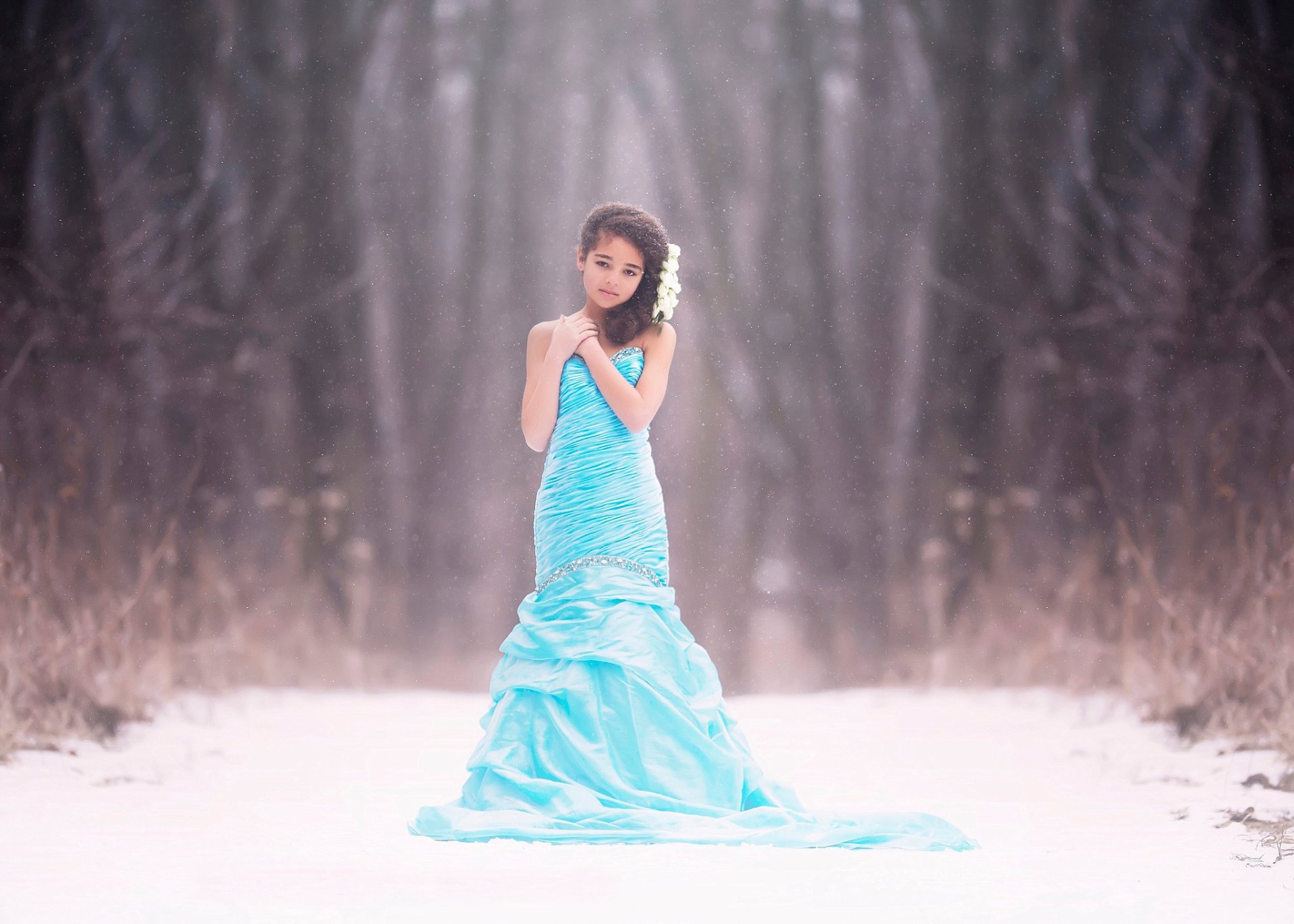 children photography fine art frozen girl snow dress bokeh