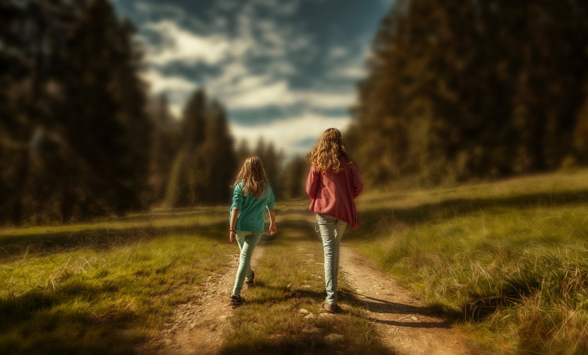 ragazze bambini passeggiata bokeh elaborazione