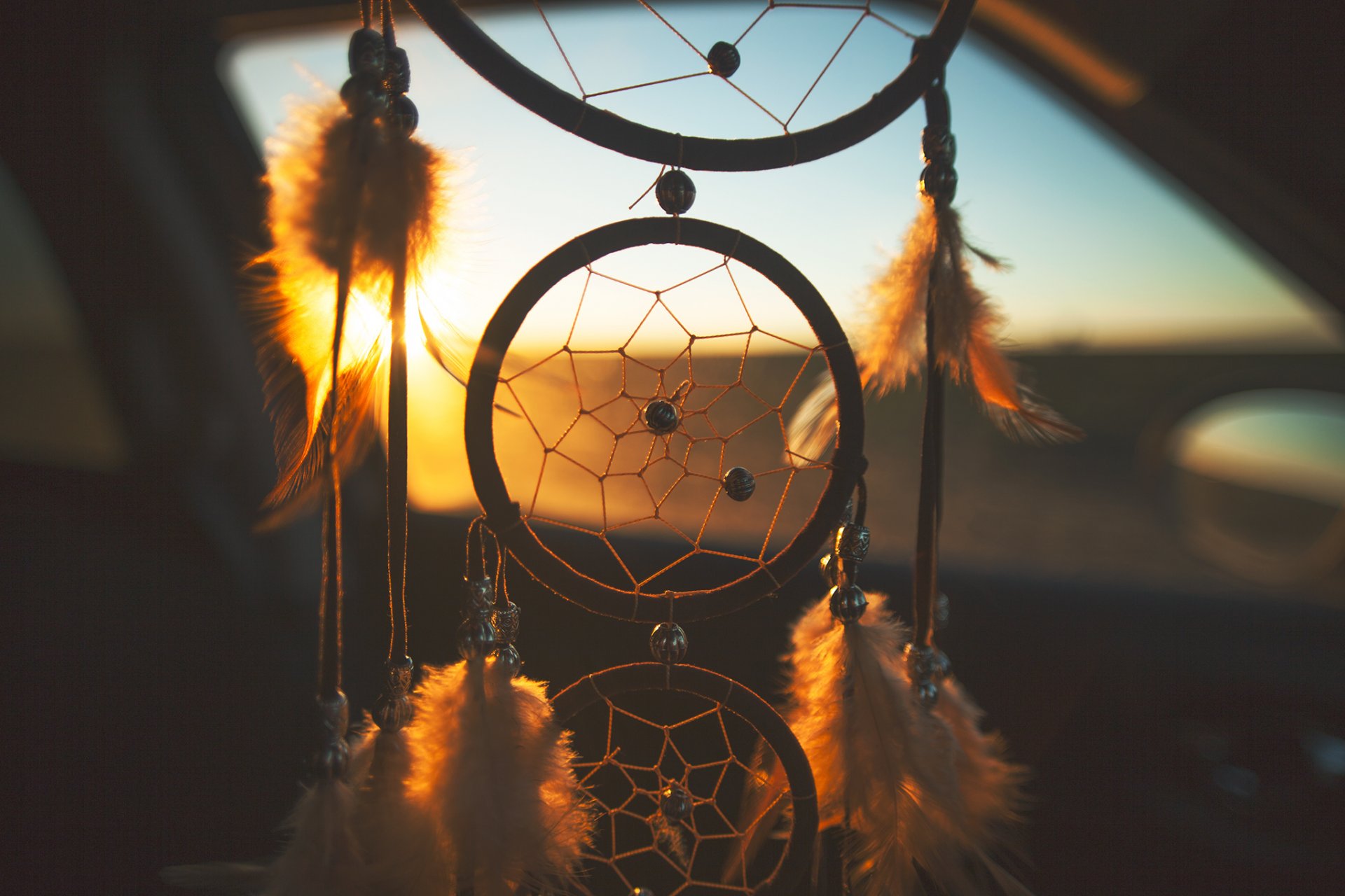 catcher dreamcatcher plumes coucher de soleil