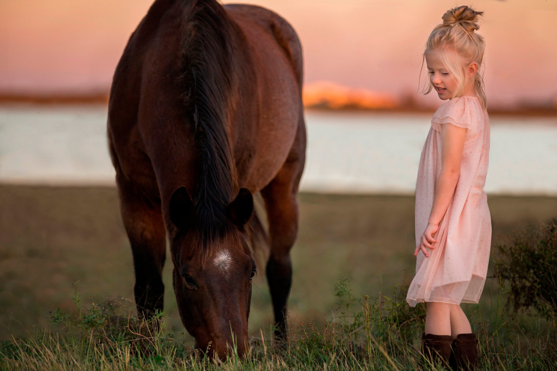 mädchen kleid pferd natur sonnenuntergang