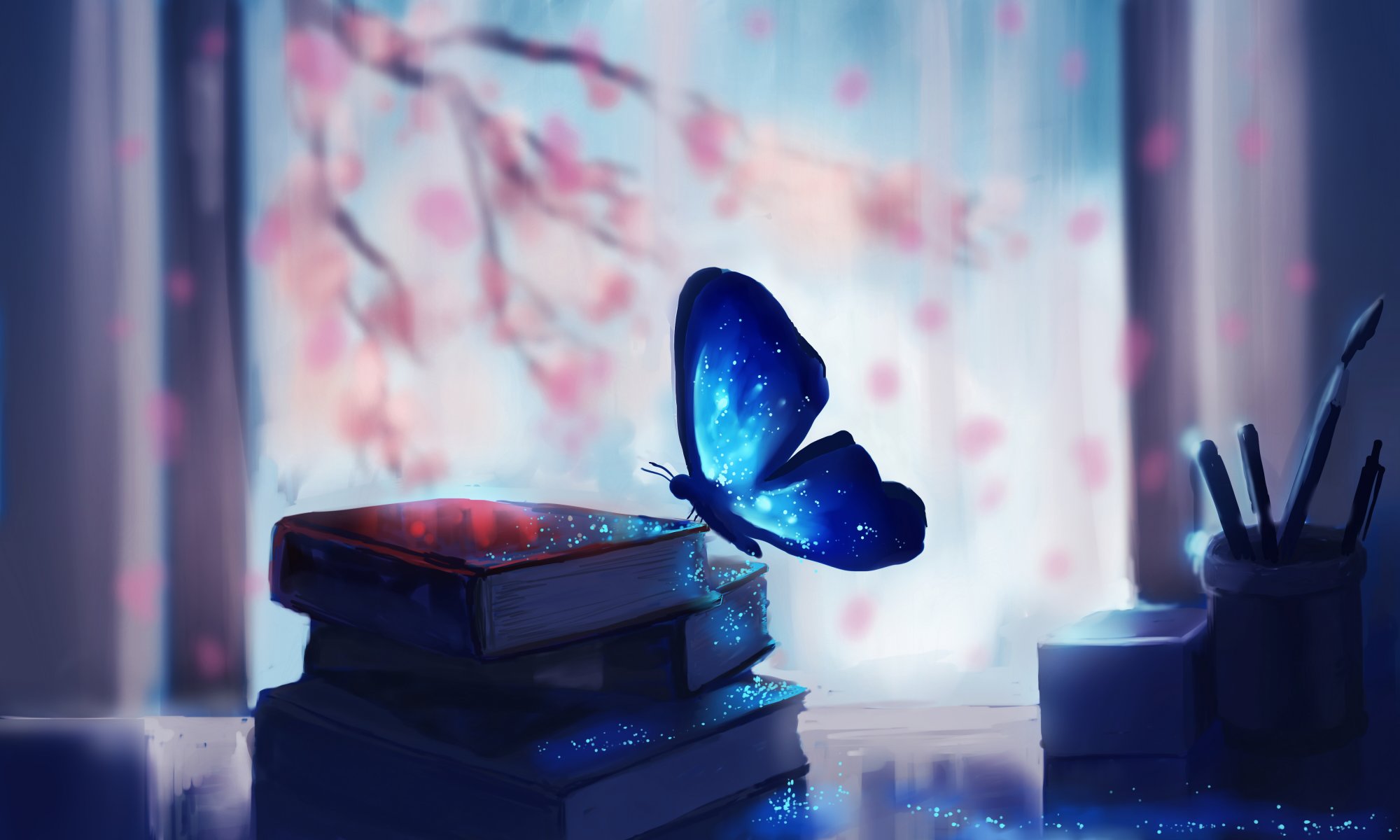 arte chibionpu mariposa libros ramas árbol sakura