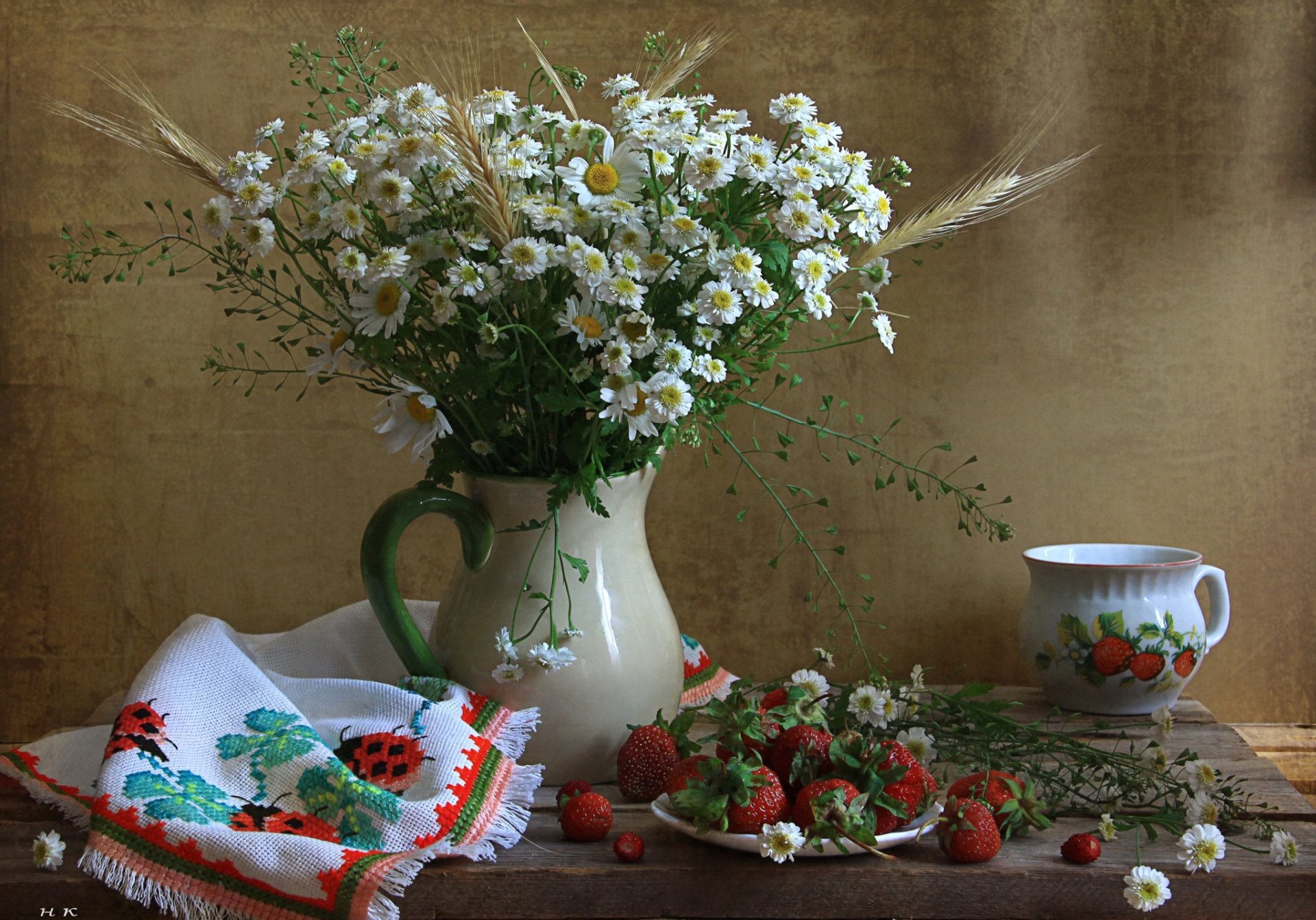 till life table towel pitcher flower chamomile cup strawberry