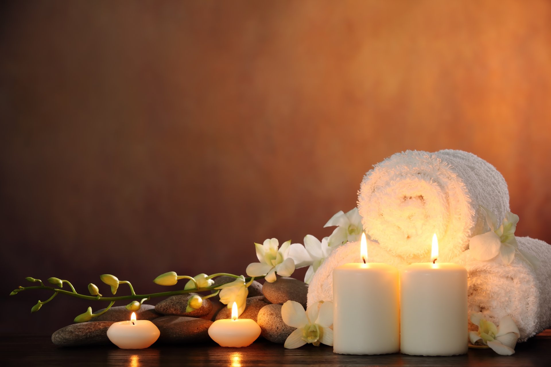 pa spa stones candles flowers white orchid