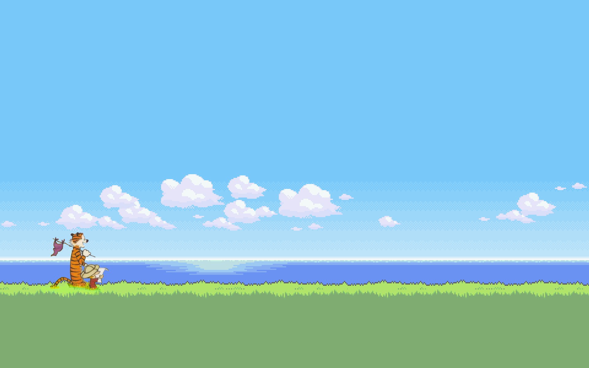 calvin y hobbes kelvin y hobbs hierba agua cielo nubes 8-bit